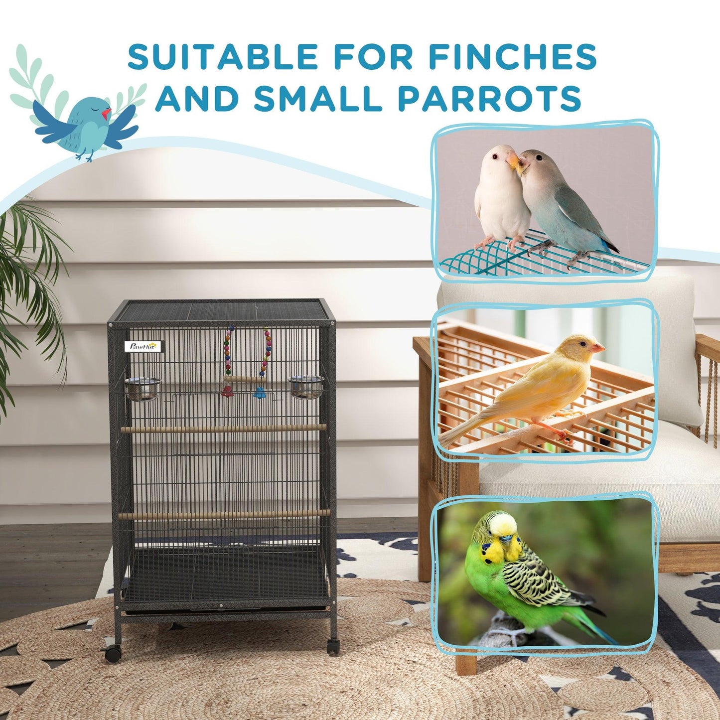 PawHut Bird Cage with Rolling Stand for Small Birds - Grey - ALL4U RETAILER LTD