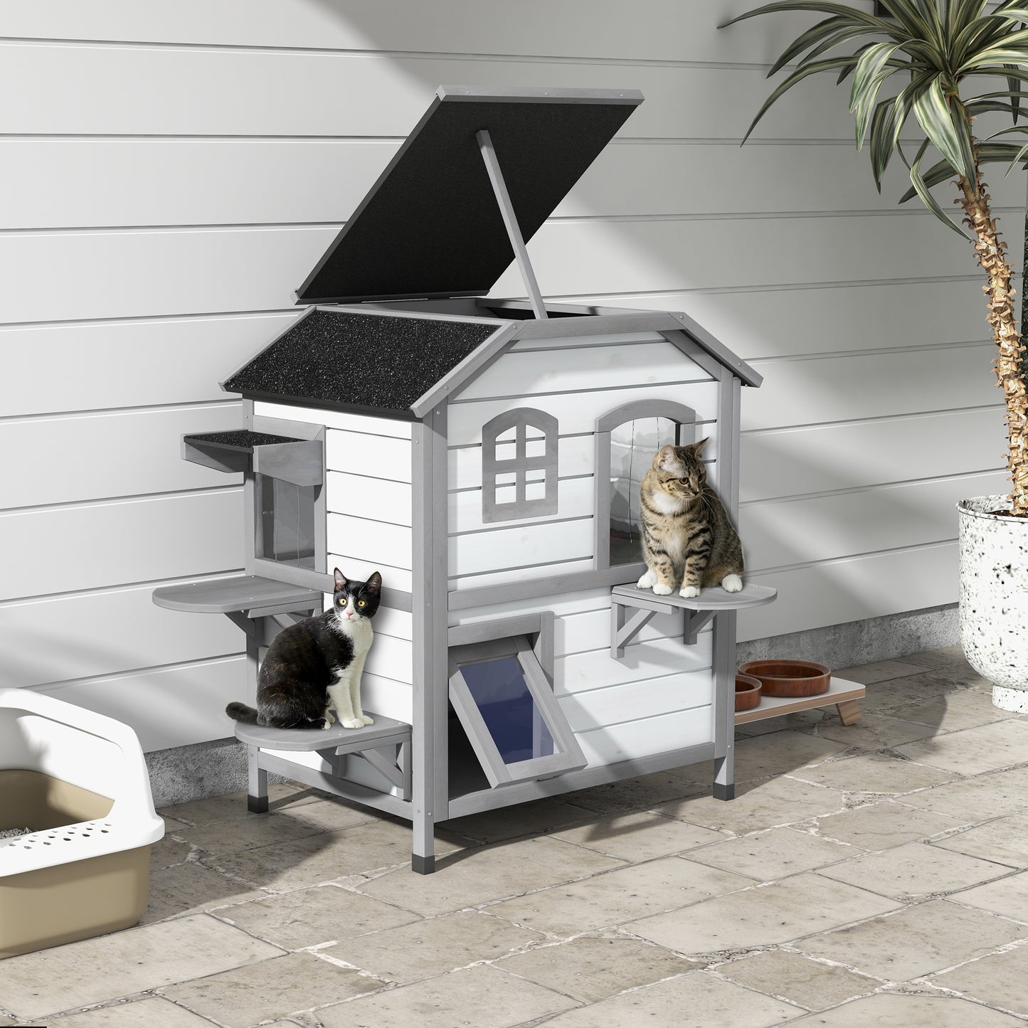 PawHut Two-Tiered Wooden Cat House with Escape Door - Weatherproof & Easy-Clean Design, White - ALL4U RETAILER LTD