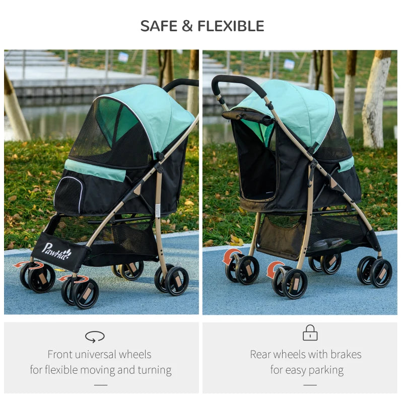 PawHut Pet Stroller for Small and Miniature Dogs with Rain Cover - Green - ALL4U RETAILER LTD