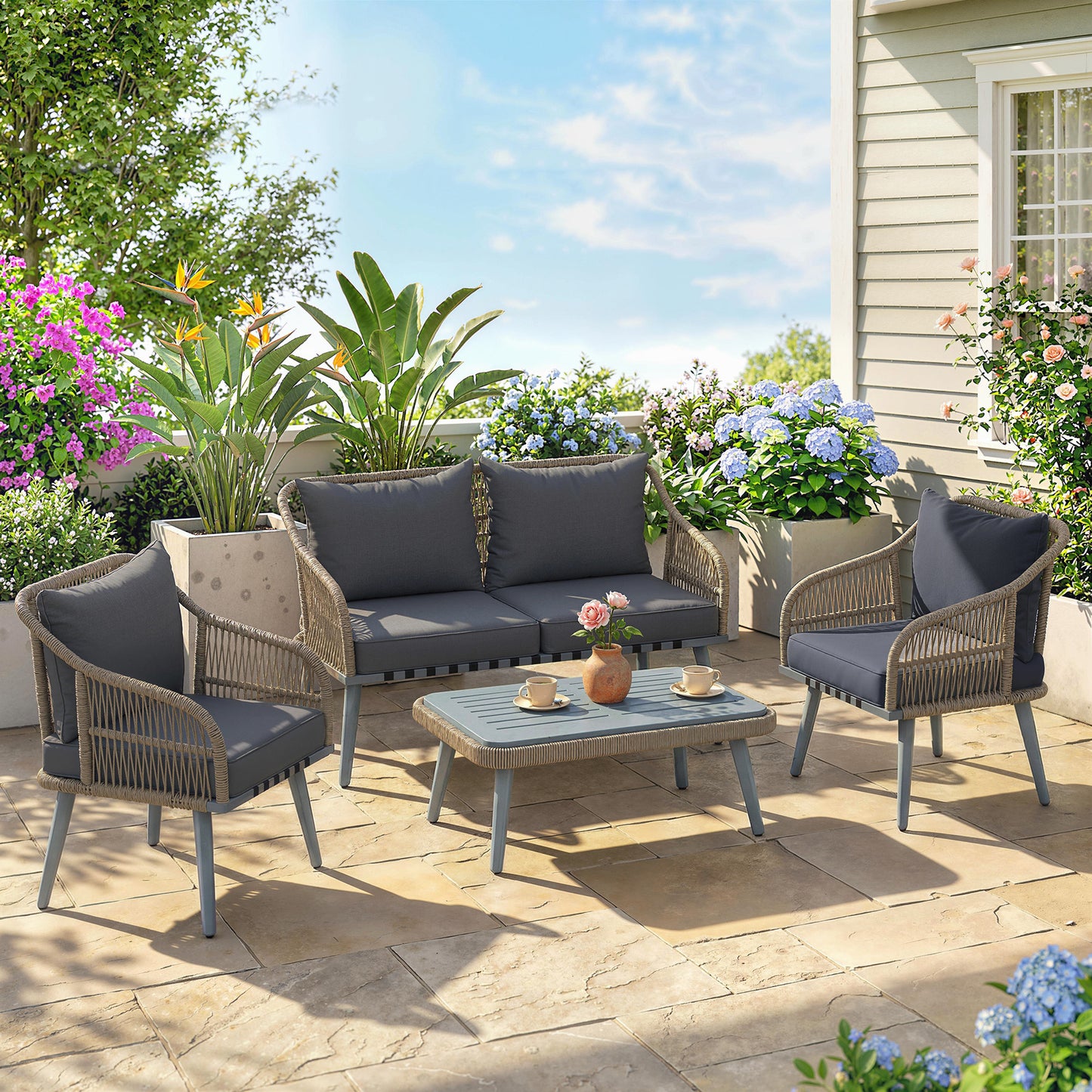 Outsunny 4 Piece Rattan Garden Furniture Set With Loveseat, Armchairs And Wood Table In Grey