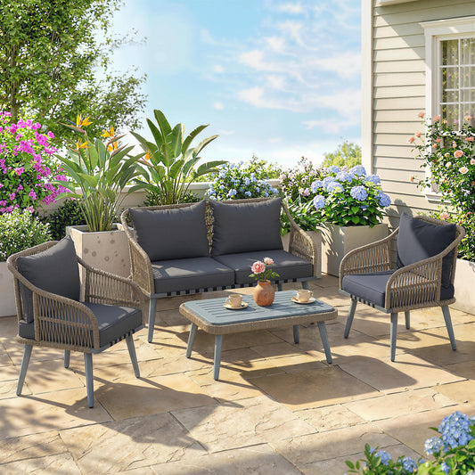 Outsunny 4 Piece Rattan Garden Furniture Set With Loveseat, Armchairs And Wood Table In Grey