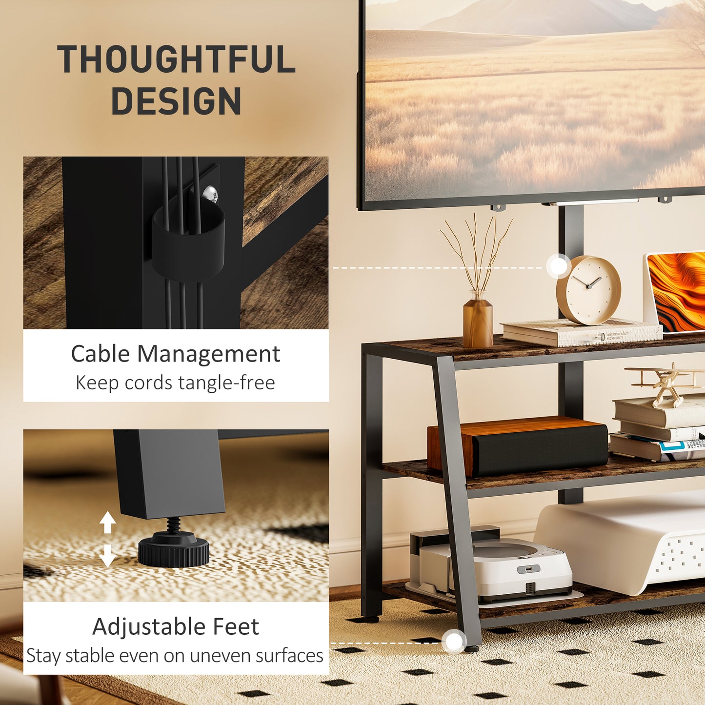 HOMCOM Industrial Style TV Stand With 35 Degree Swivel Bracket For 32 To 70 Inch TVs Dark Brown Steel Frame