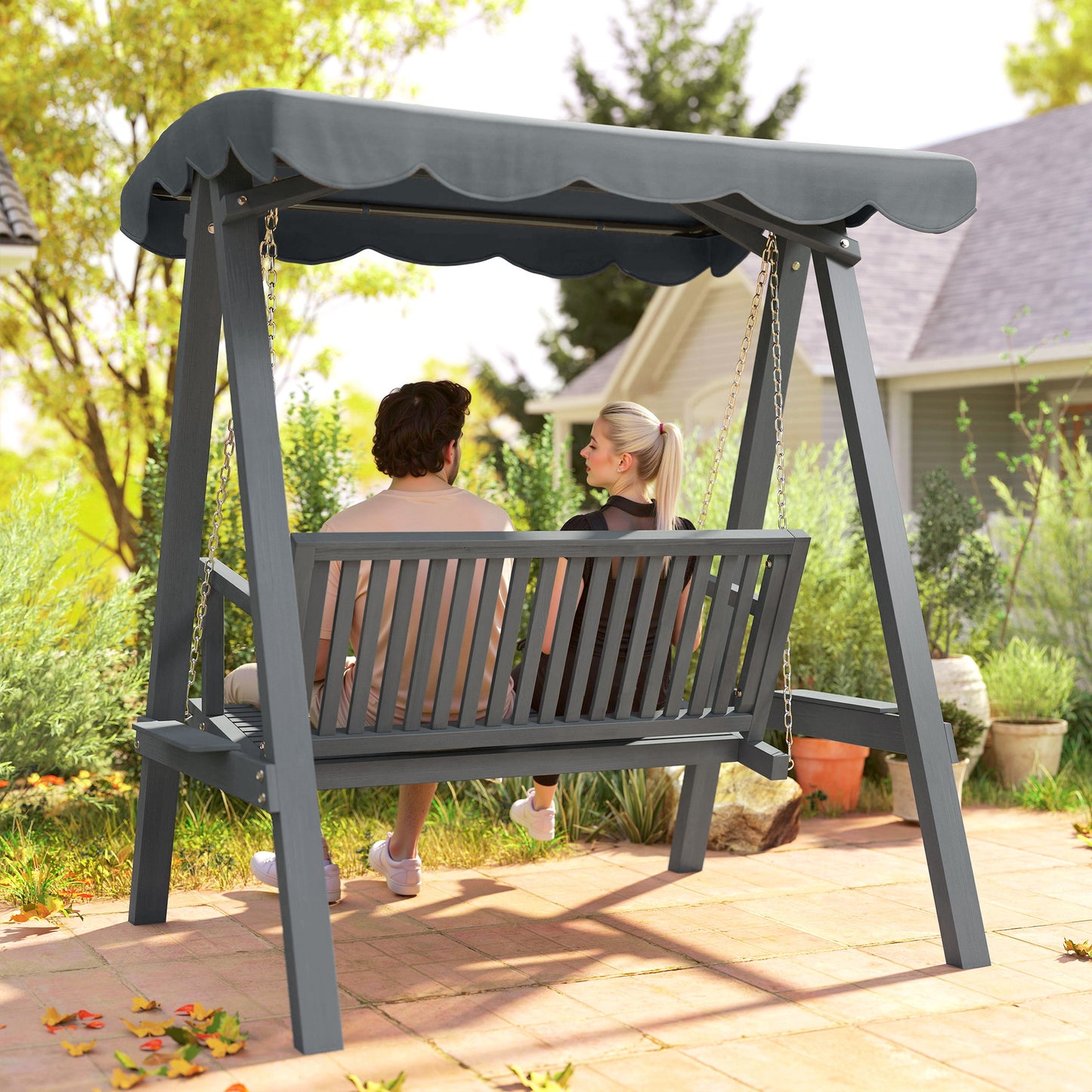 Outsunny 2 Seater Garden Swing With Canopy Wooden Outdoor Swing Chair Hammock Bench For Balcony Patio Porch Grey