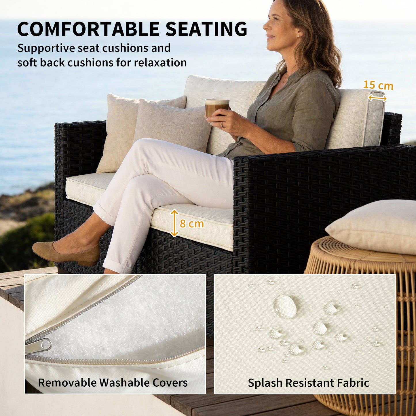 Outsunny 2 Seater Rattan Outdoor Garden Sofa With Deep Seat Cushions And Wide Armrests For Patio Balcony Porch Black