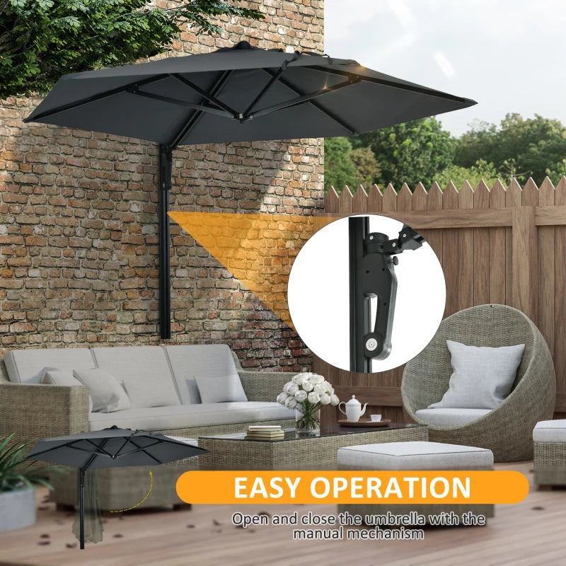 Outsunny 2.5m Wall Mounted Parasol - Hand Push Outdoor Patio Umbrella with 180° Rotatable Canopy for Porch, Deck, Garden - 250 cm, Dark Grey - ALL4U RETAILER LTD