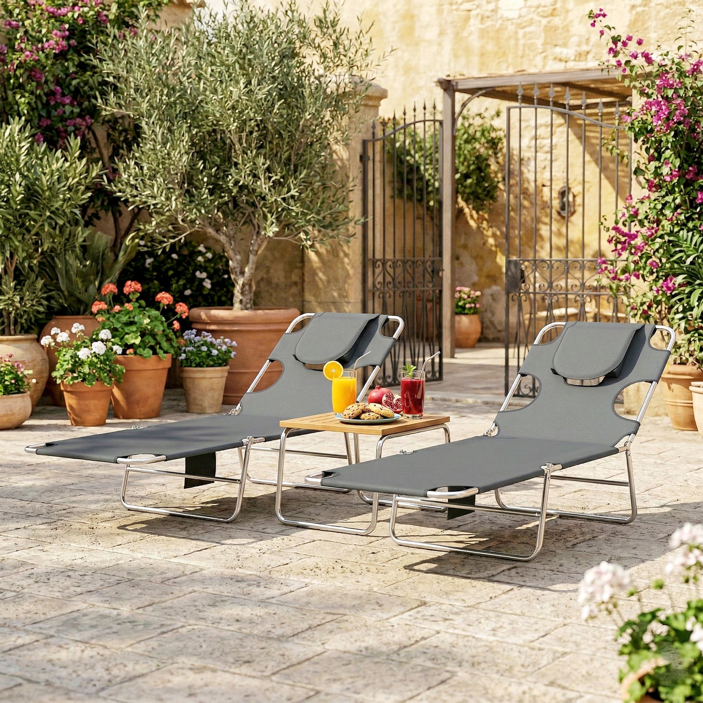 Outsunny Five Position Adjustable Sun Loungers Set Of Two With Reading Hole And Side Pocket Dark Grey