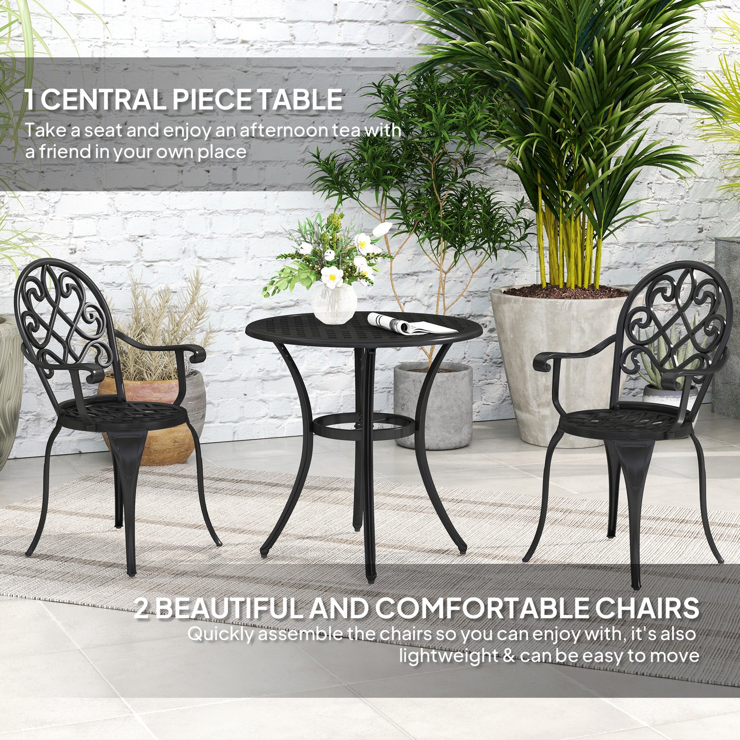 Outsunny Three Piece Aluminium Outdoor Garden Bistro Set With Round Table And Two Chairs In Black