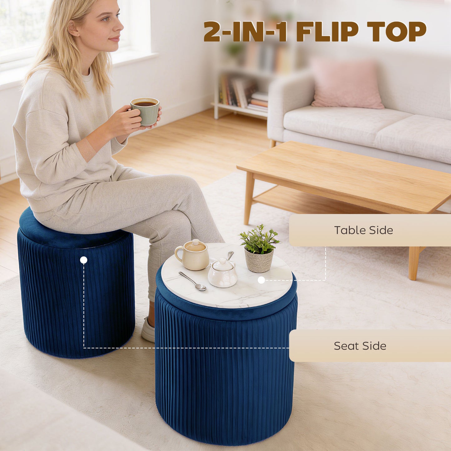 HOMCOM Velvet Round Storage Ottoman Footstool 45 cm Blue With Hidden 39.2 L Storage For Living Room Or Bedroom