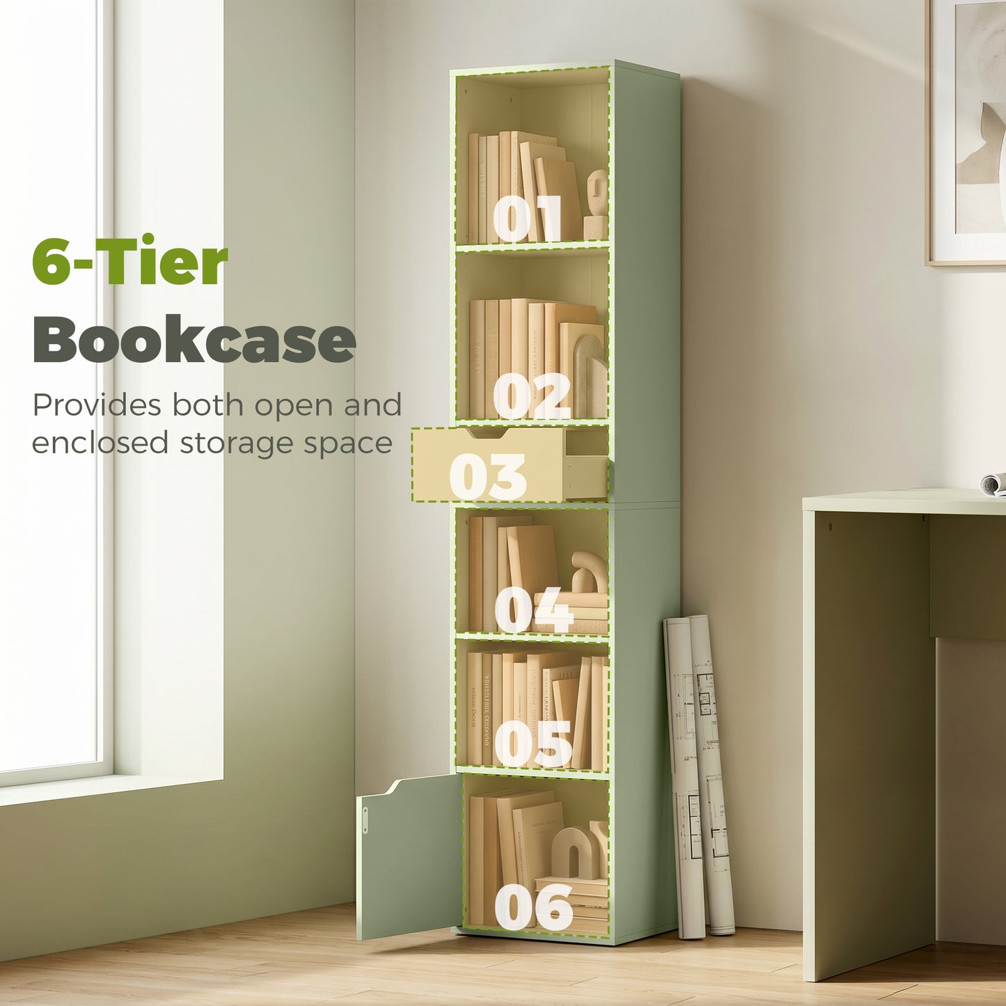 HOMCOM Six Tier Tall Narrow Bookcase With Drawer And Door Green For Clutter Free Living Room Home Office Storage