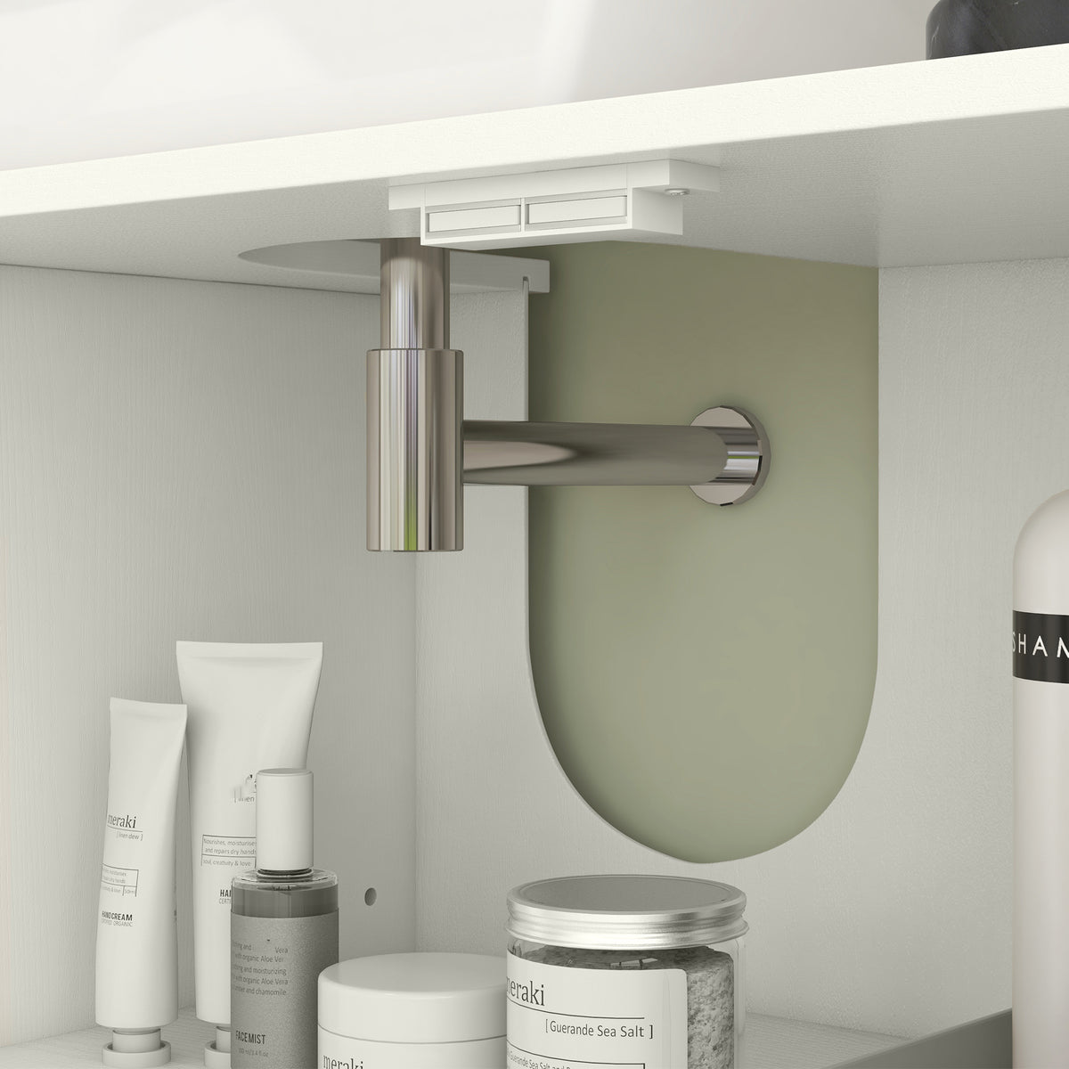 Cream bathroom cabinet showing U-shaped basin cutout and metal wall mount bracket
