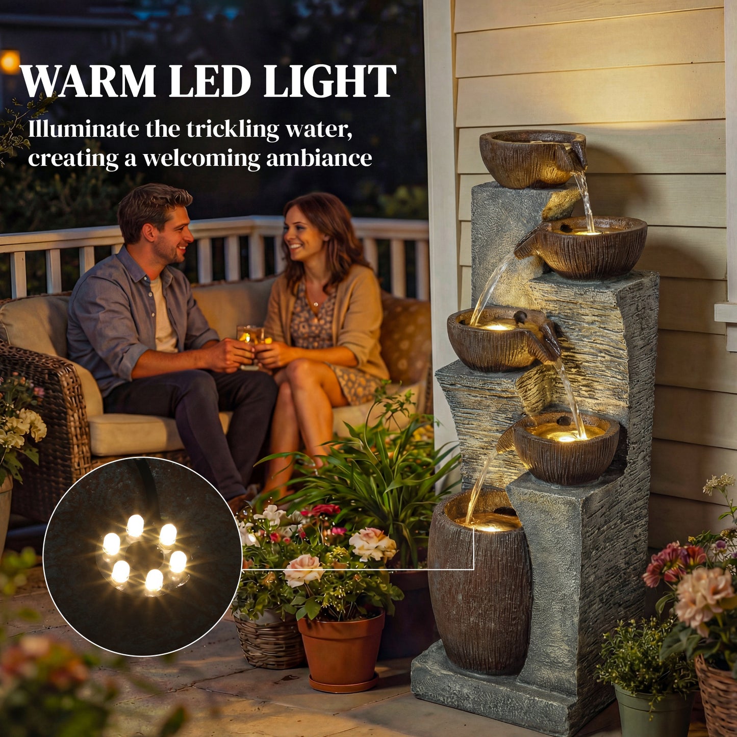 Outsunny Outdoor Fountain 5 Tier Garden Waterfall With LED Lights Adjustable Flow Grey And Rustic Brown