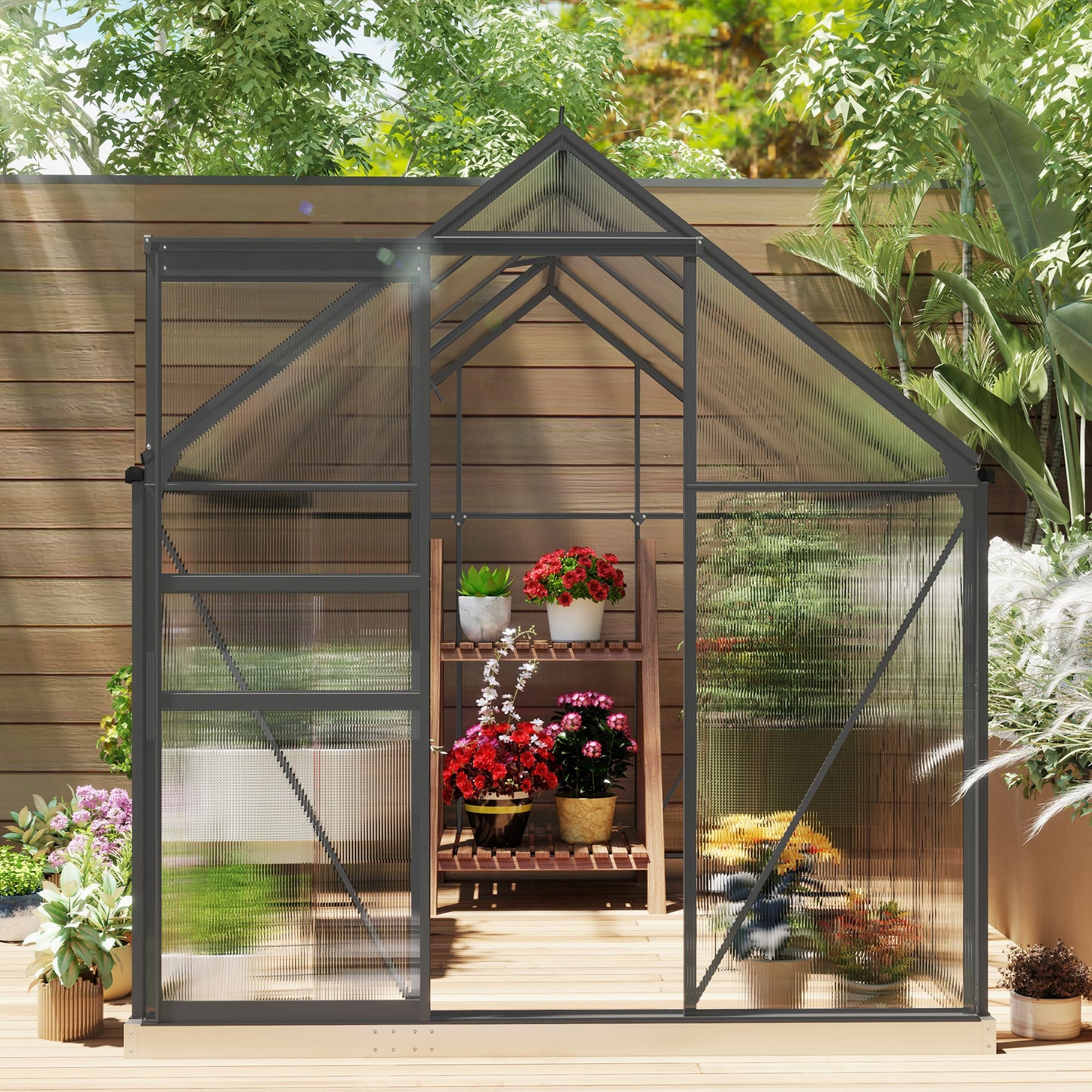 Outsunny 190 x 253 cm Walk In Polycarbonate Greenhouse With Aluminium Frame Dark Grey