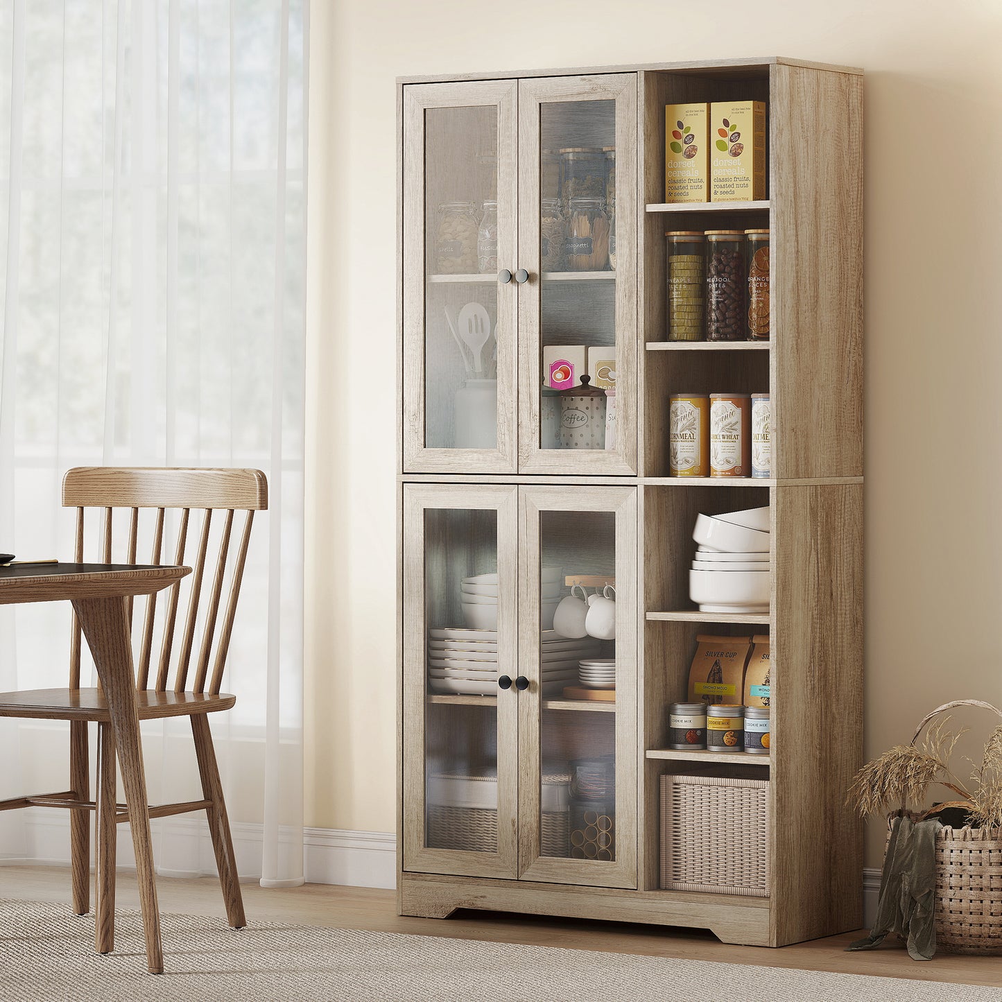 Homcom Multi Storage Kitchen Cabinet With Glass Doors Grey Wood Effect Soft Close Hinges Adjustable Shelves