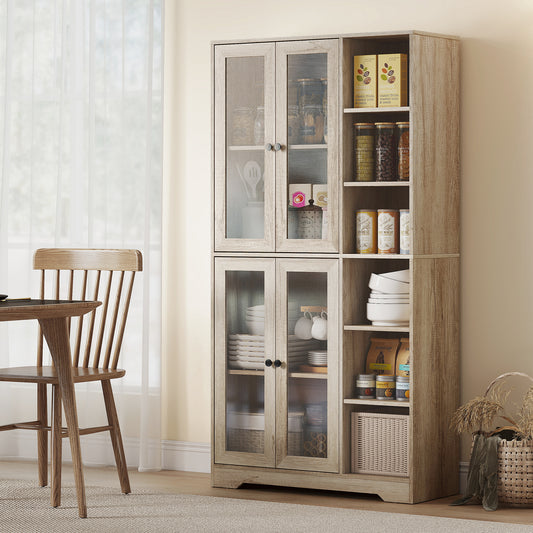 Homcom Multi Storage Kitchen Cabinet With Glass Doors Grey Wood Effect Soft Close Hinges Adjustable Shelves