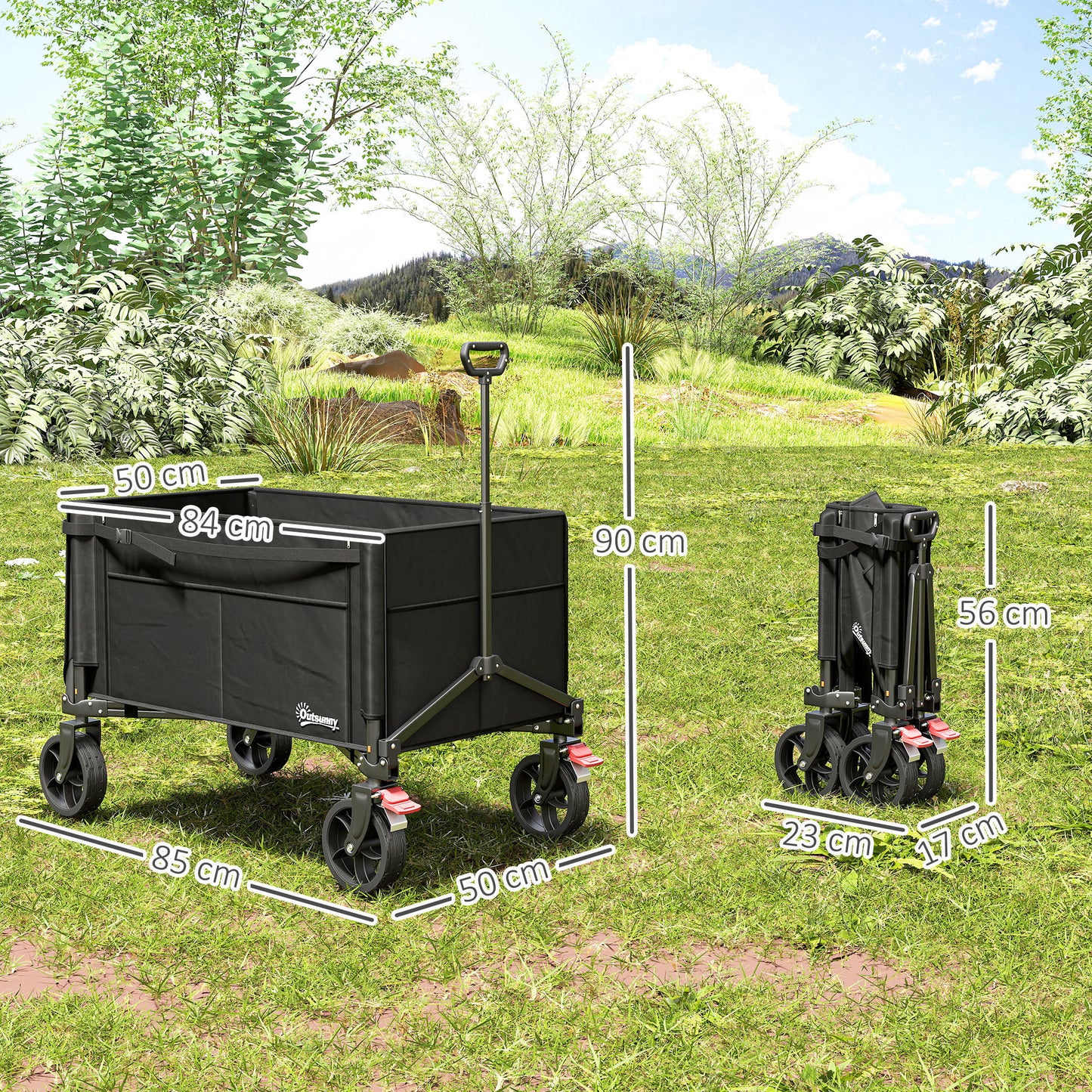 Outsunny Foldable Camping Trolley Cart 150L Open Sides Adjustable Handle Brakes For Shopping Beach Garden Fishing Black