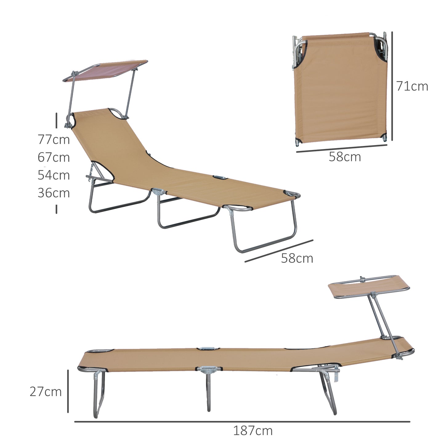 Outsunny Sun Lounger With Adjustable Face Canopy Brown Outdoor Reclining Lounge Chair With Four Position Backrest