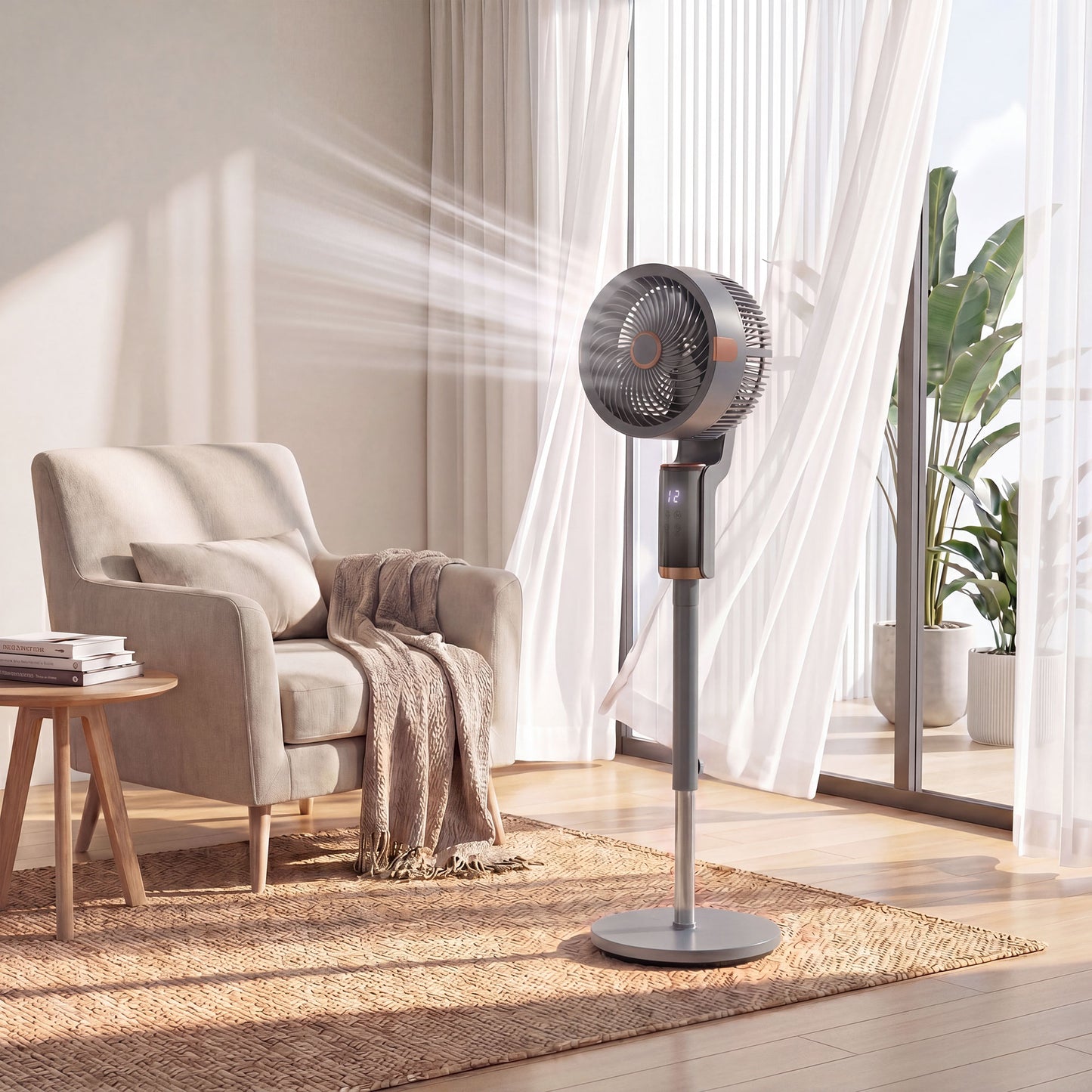 HOMCOM 20 dB Silent Pedestal Standing Fan For Bedroom 44 Inch With 90 Degree Oscillation 8 Speeds LED Light Grey