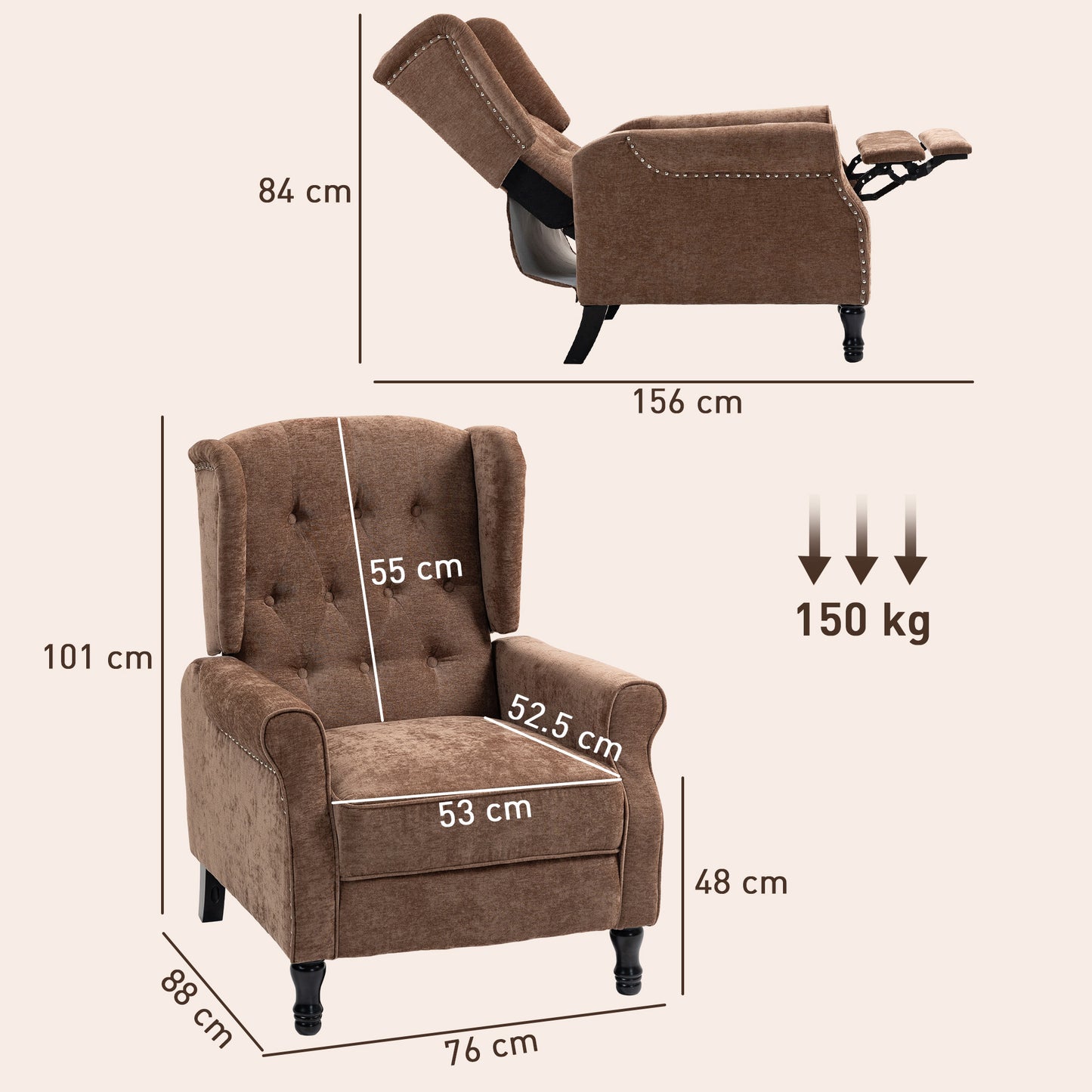 HOMCOM 150 Degree Reclining Vintage Armchair With Footrest Brown Tufted Back And Premium Comfort
