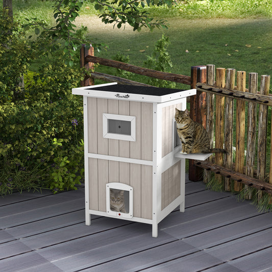 PawHut Light Grey Two-Tiered Wooden Cat Shelter with Escape Doors and Removable Bottom for Outdoor Fun - Ideal for 1-2 Cats - ALL4U RETAILER LTD