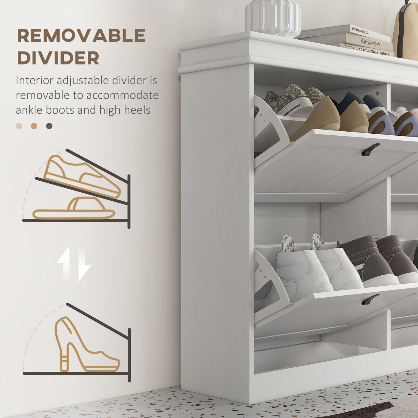 HOMCOM Slim Shoe Cabinet With Four Drop Down Doors Adjustable Shelves Anti Tip Design White