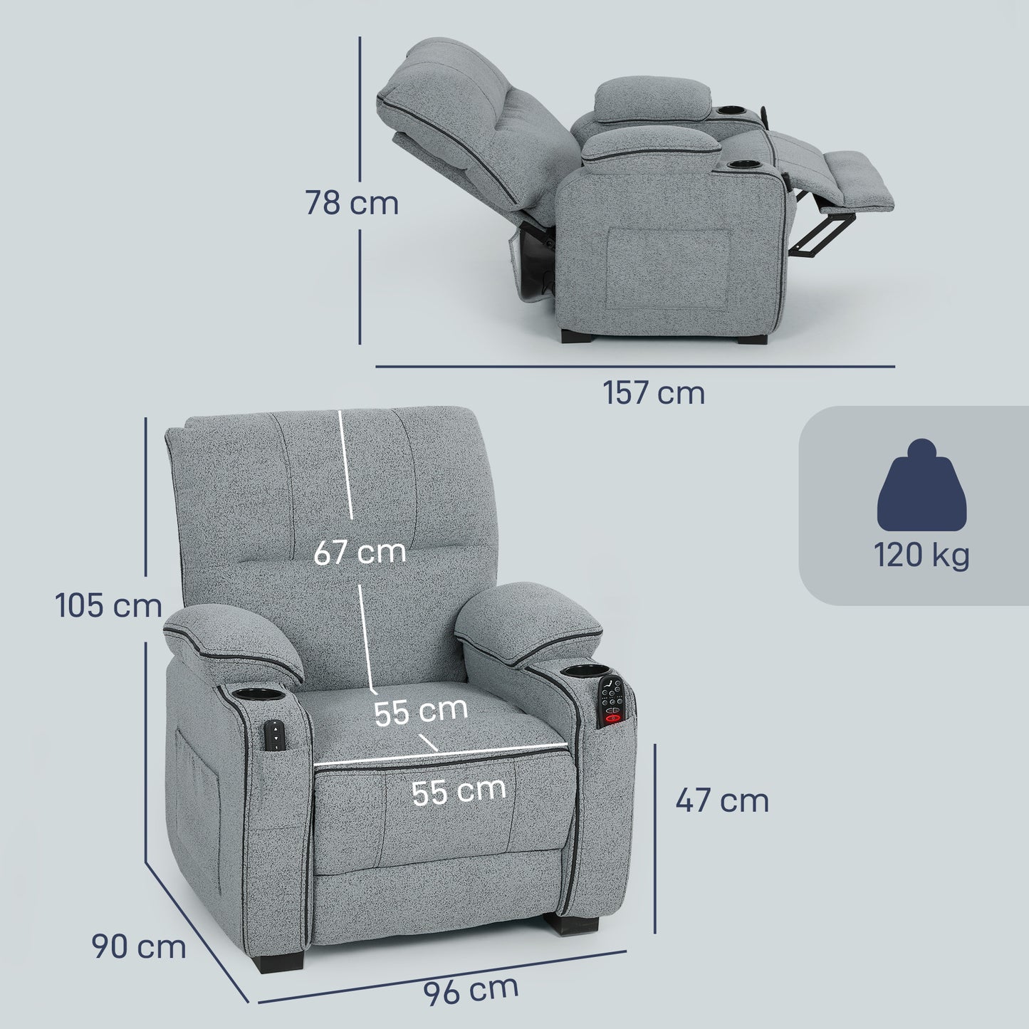 HOMCOM Electric Massage Recliner Armchair With Heat And Vibration Quiet Motor Memory Function Velvet Chair With USB
