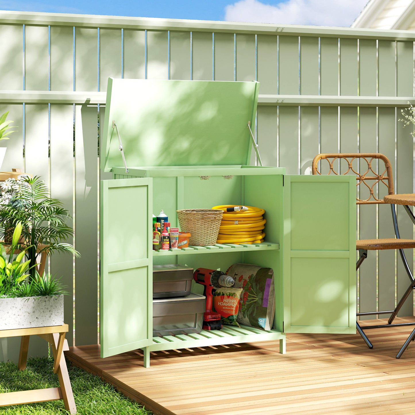 Outsunny Wooden Garden Shed For Tool Storage With Hinged Roof And Shelf Double Doors Light Green