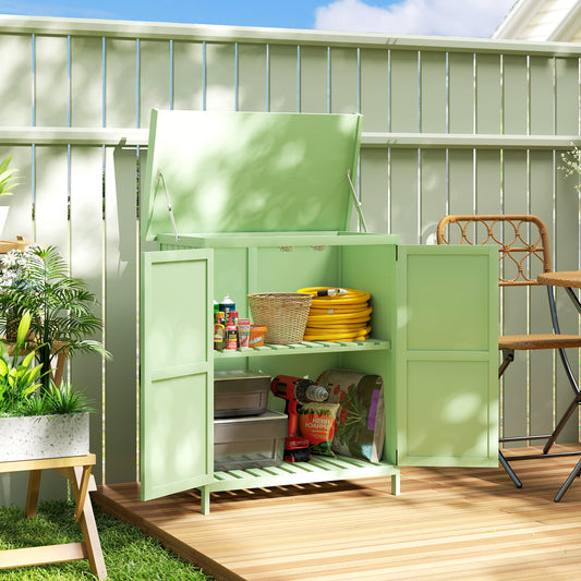 Outsunny Wooden Garden Shed For Tool Storage With Hinged Roof And Shelf Double Doors Light Green