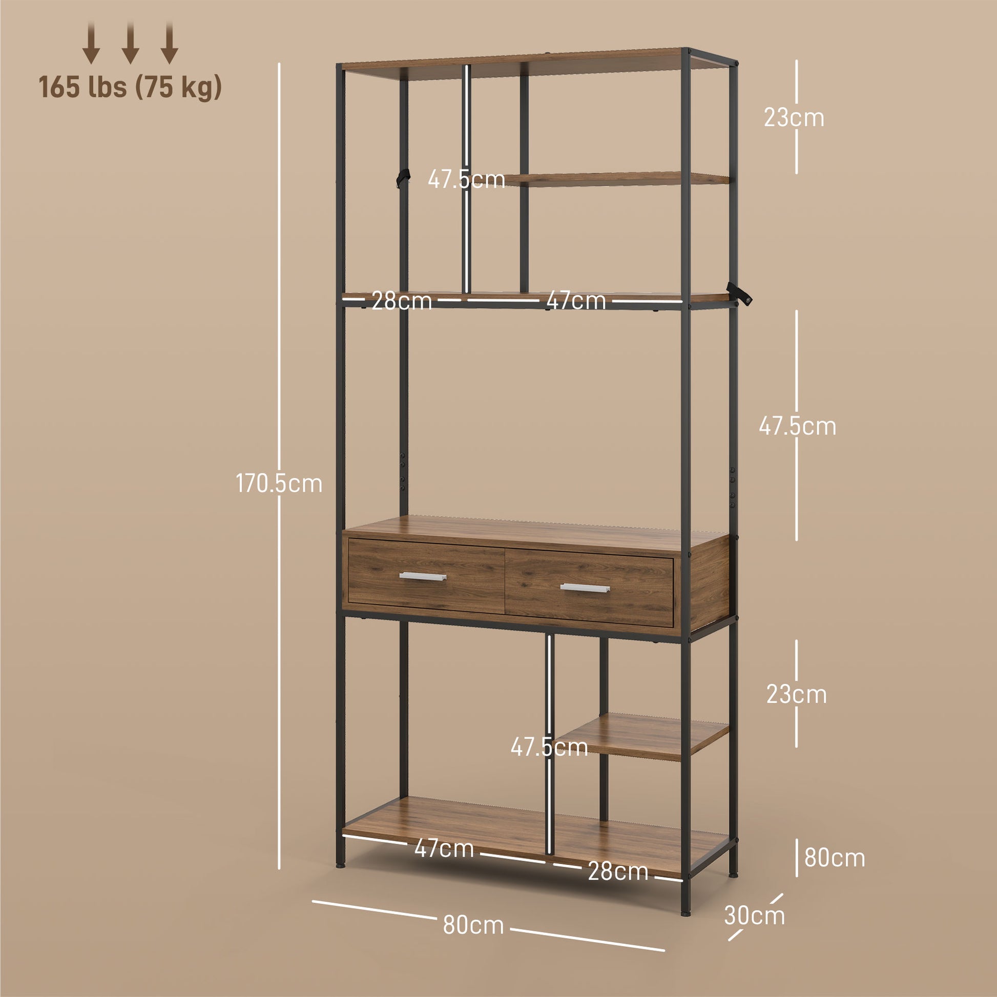 HOMCOM Industrial Chic Seven-Shelf Storage Unit with Drawers - Brown/Black - ALL4U RETAILER LTD