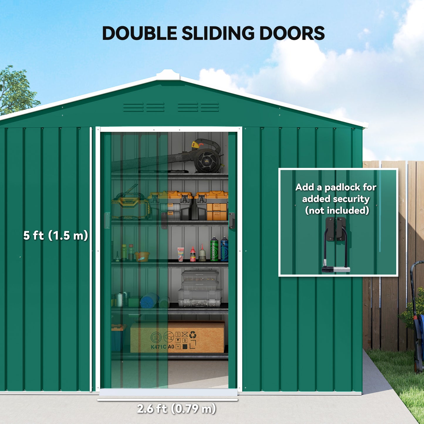 Outsunny 8 By 6 Feet Galvanised Steel Shed With Double Doors Green Garden Storage