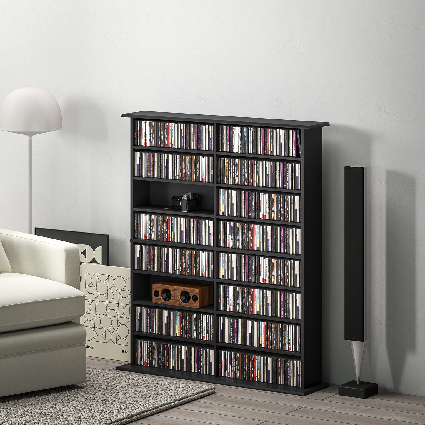 HOMCOM 16 Compartment Media Shelf Black With 12 Adjustable Shelves For CDs DVDs Blu Rays