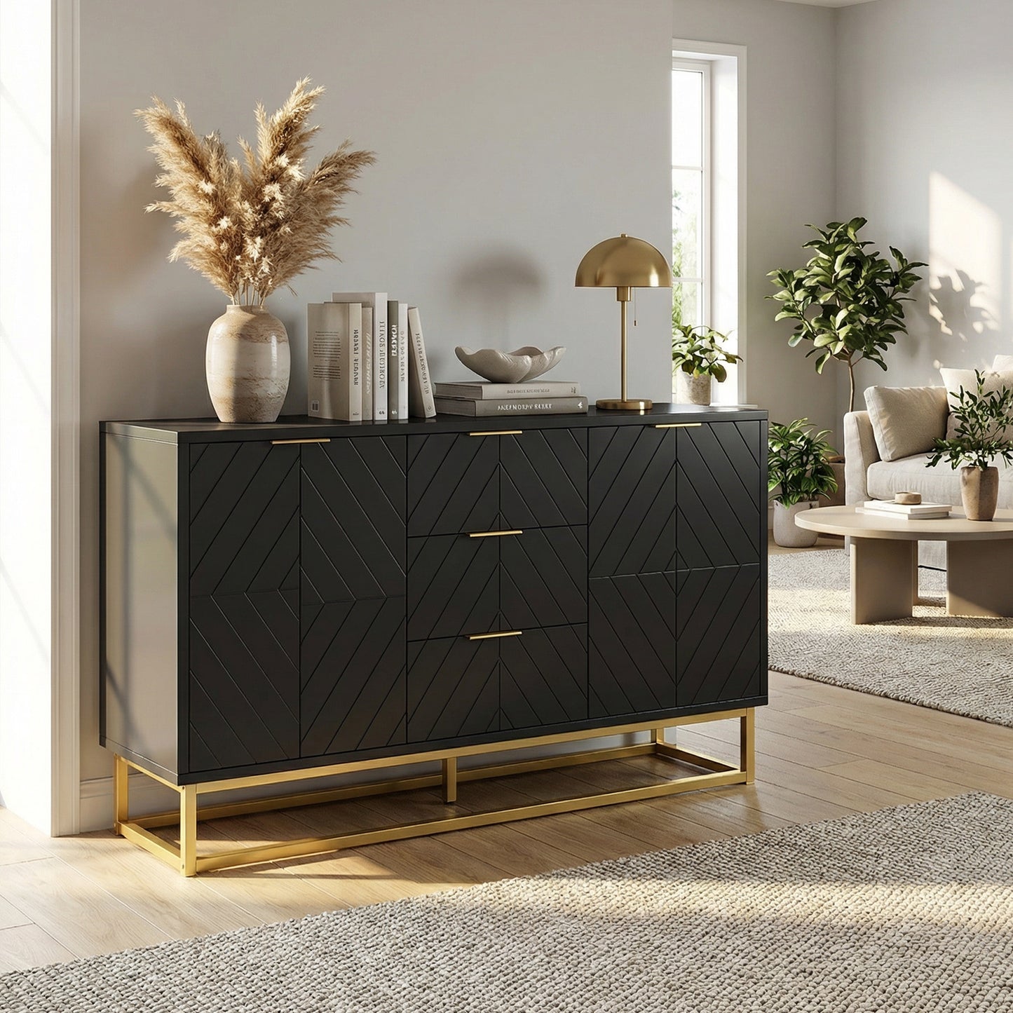 HOMCOM Sideboard With 3 Drawers And Adjustable Shelves For Living Room Black Finish Modern Storage Cabinet