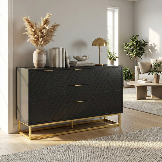 HOMCOM Sideboard With 3 Drawers And Adjustable Shelves For Living Room Black Finish Modern Storage Cabinet
