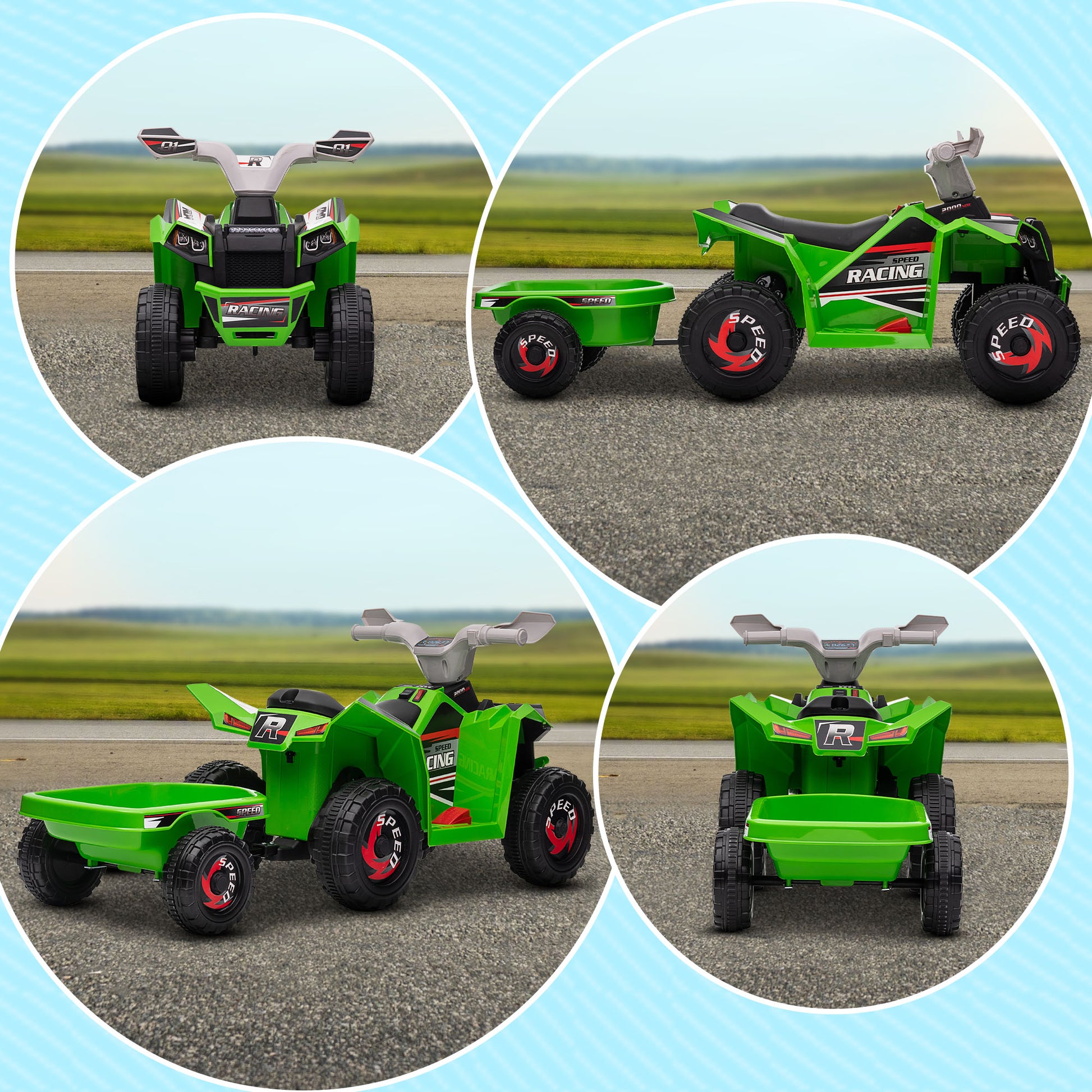 HOMCOM Green Electric Quad Bike with Trailer for Toddlers, Safe 2.5km/h Speed, Wear-Resistant Wheels - ALL4U RETAILER LTD