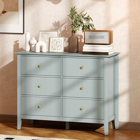 HOMCOM Fluted Dresser 6 Drawer Chest of Drawers for Bedroom Living Room Hallway Closet Green with Gold Tone Handles