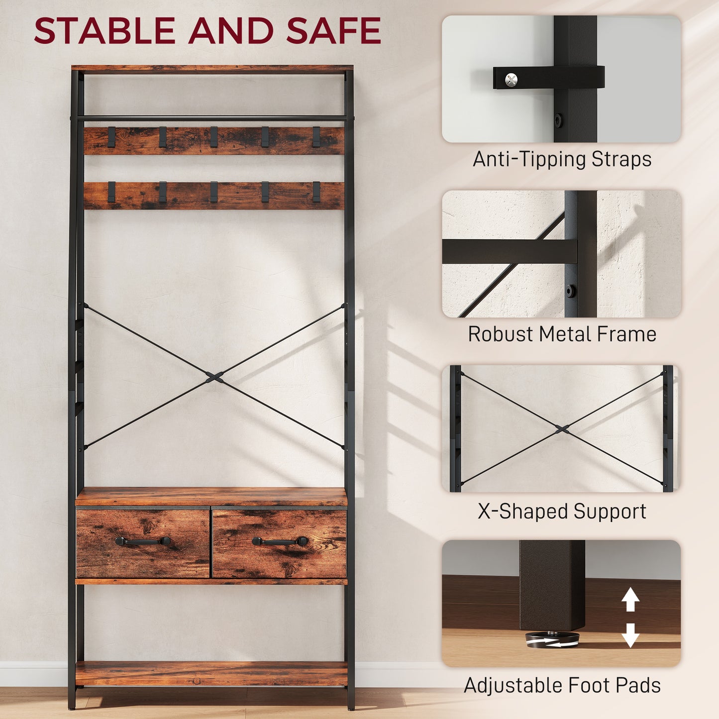 HOMCOM 6 In 1 Industrial Style Hallway Organizer With Coat Rack And Shoe Storage Brown Black