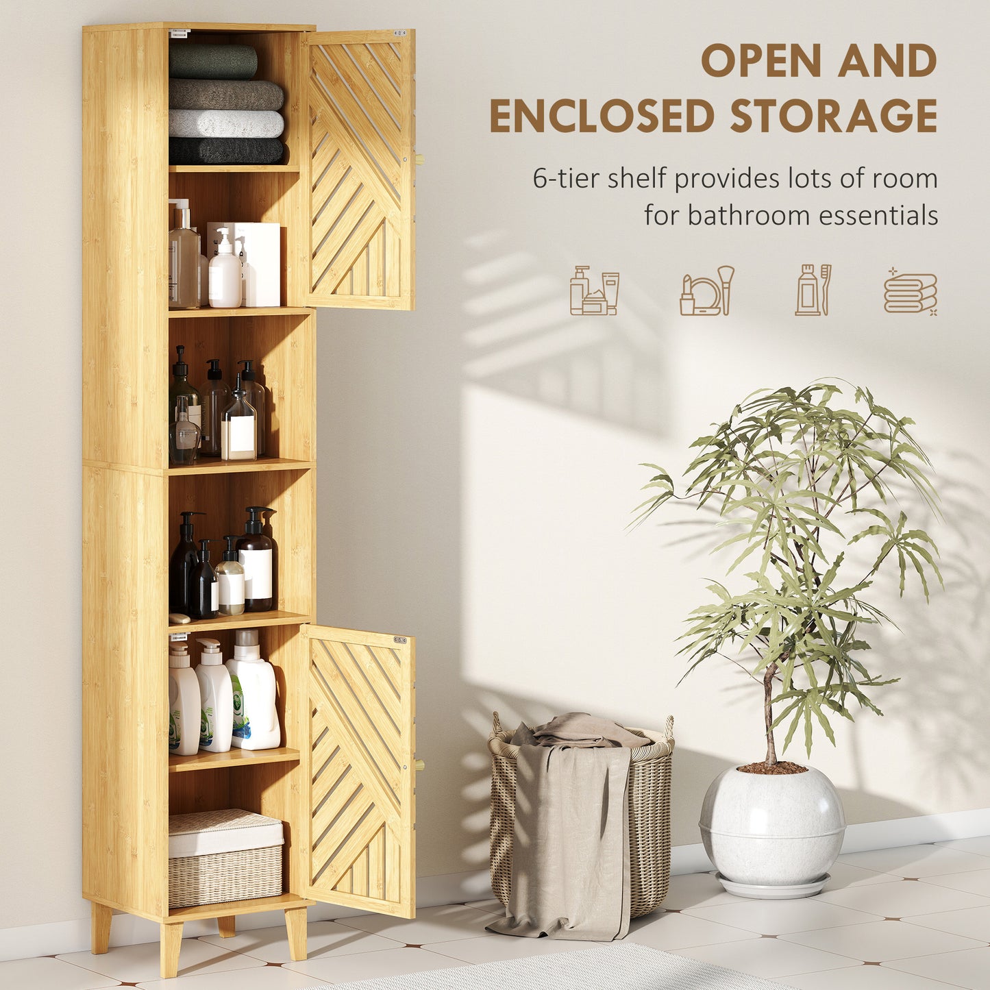 HOMCOM Tall Bamboo Door Bathroom Cabinet With Upper And Lower Cupboards And Adjustable Shelves Natural Finish