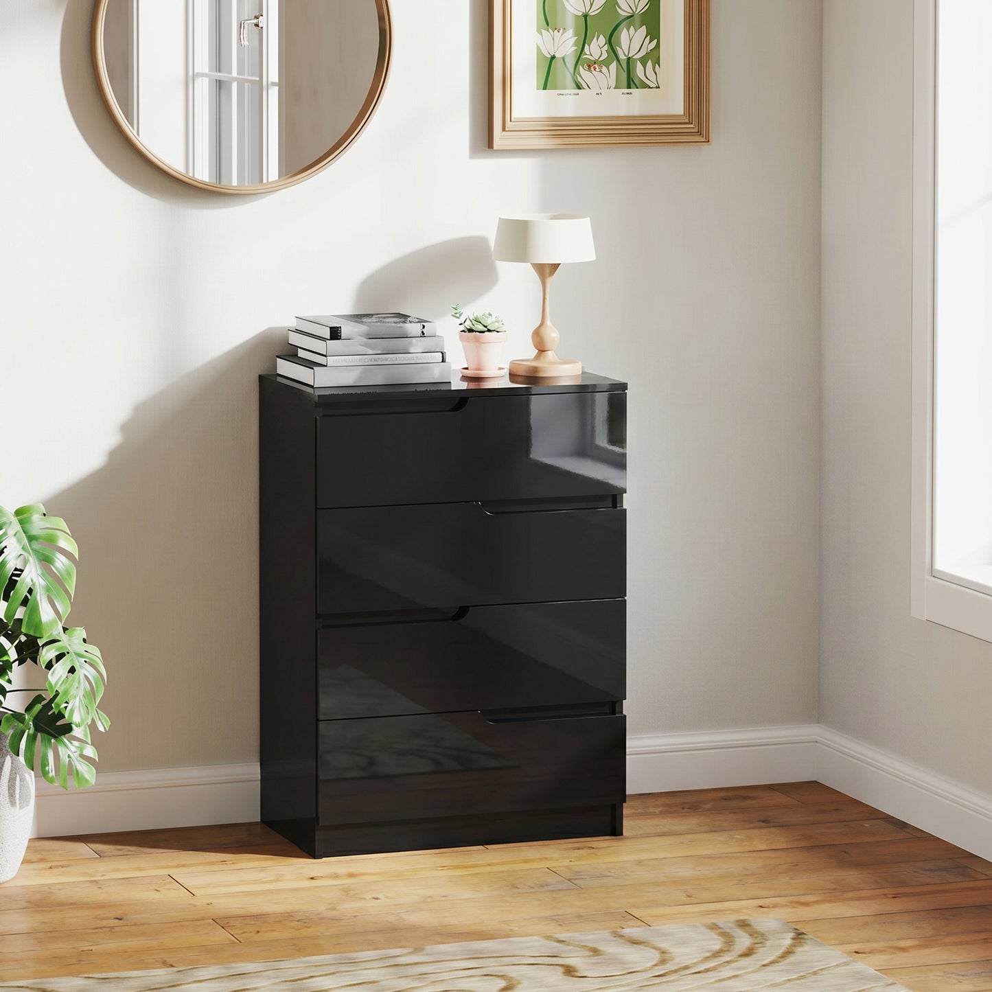 HOMCOM Four Drawer Chest With High Gloss Front Drawers In Black For Modern Bedroom Storage