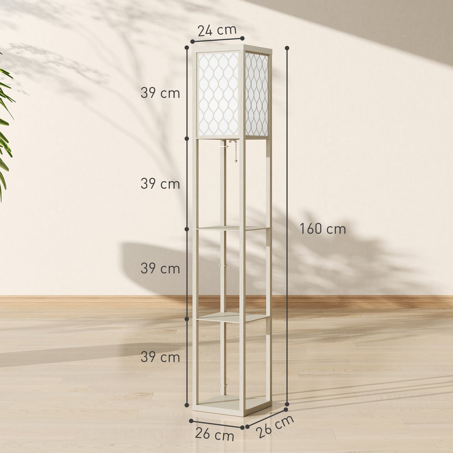 HOMCOM Three Shelf Standing Lamp Oak White With Storage Shelves And Reading Light For Living Room