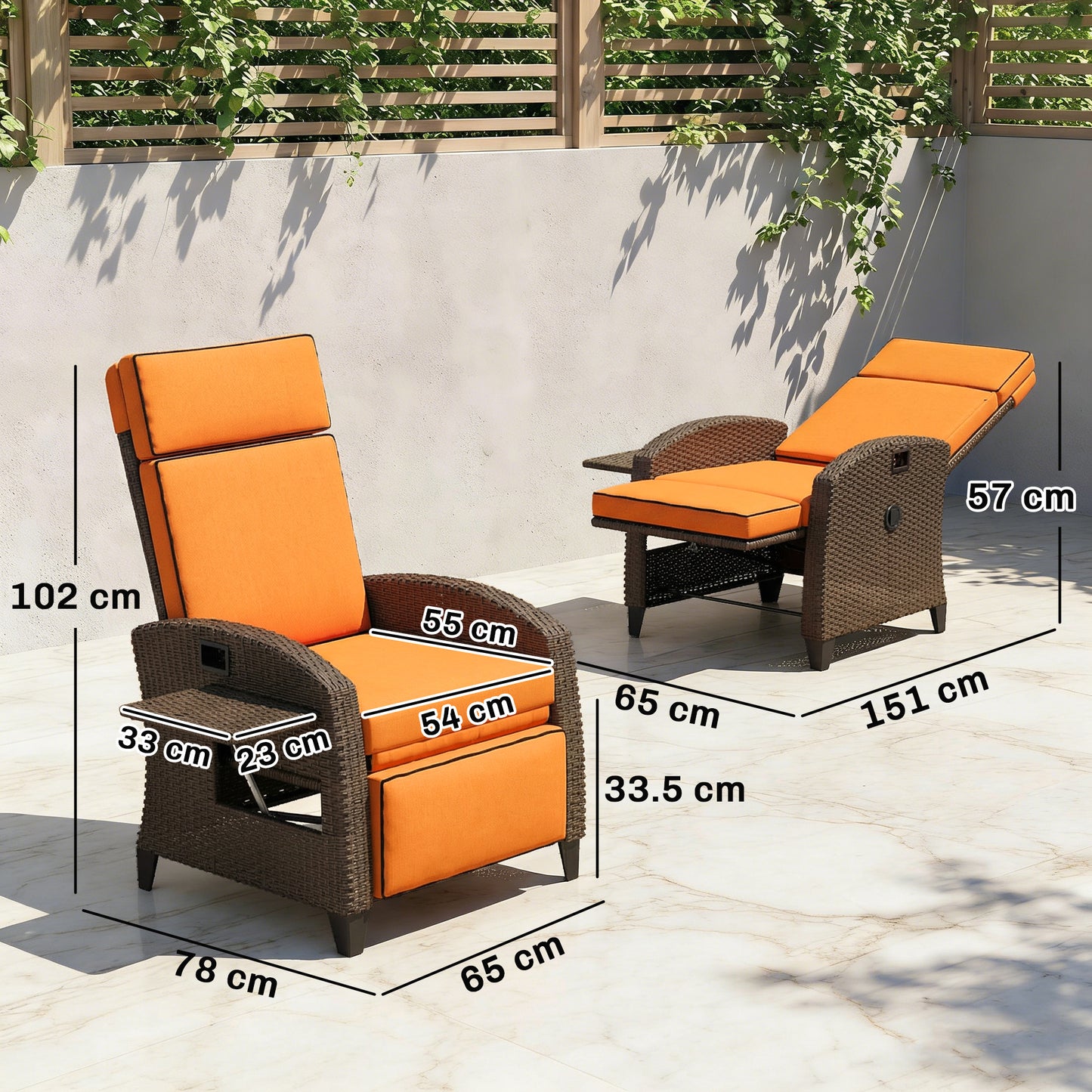 Outsunny Outdoor Garden Recliner Chair With Cushion, Adjustable Backrest And Footrest, Side Tray, Orange