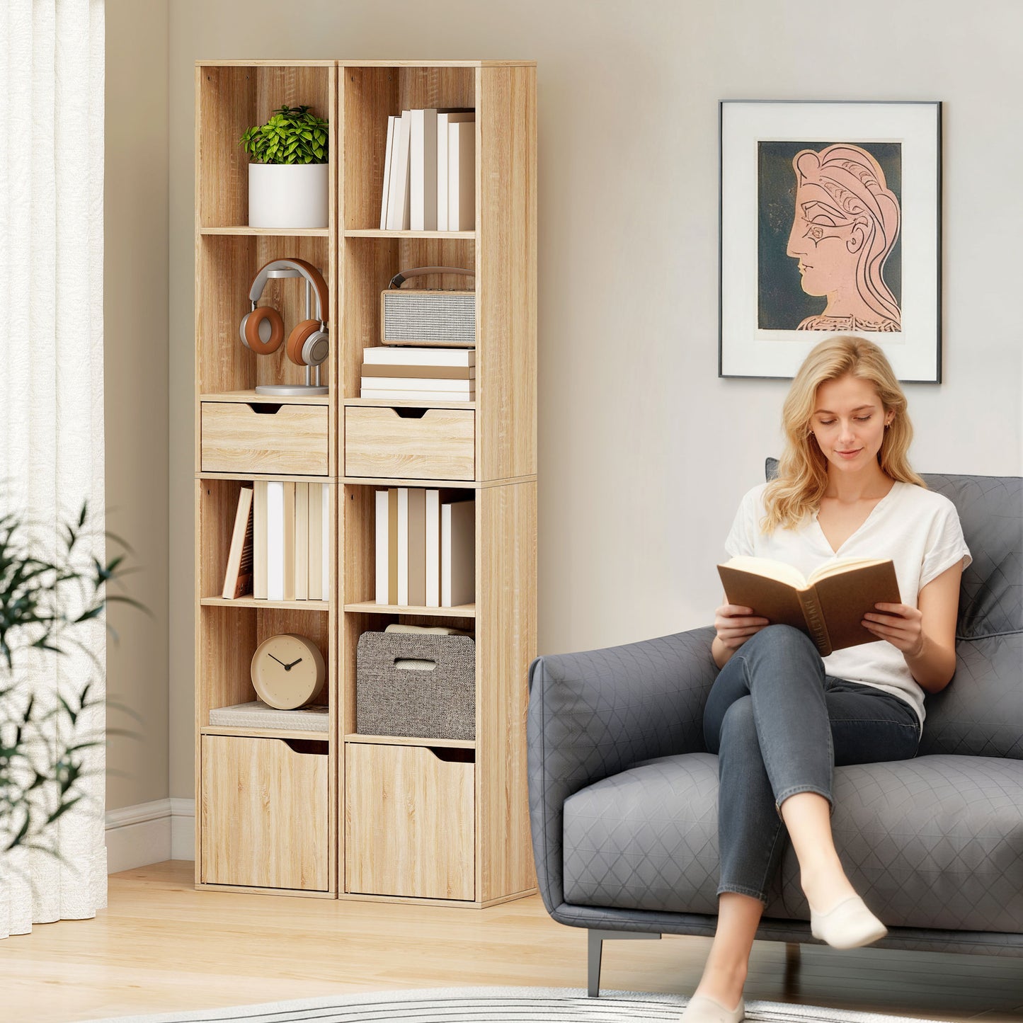 HOMCOM Six Tier Tall Narrow Bookcase With Drawer And Door Natural Wood Finish Durable Storage