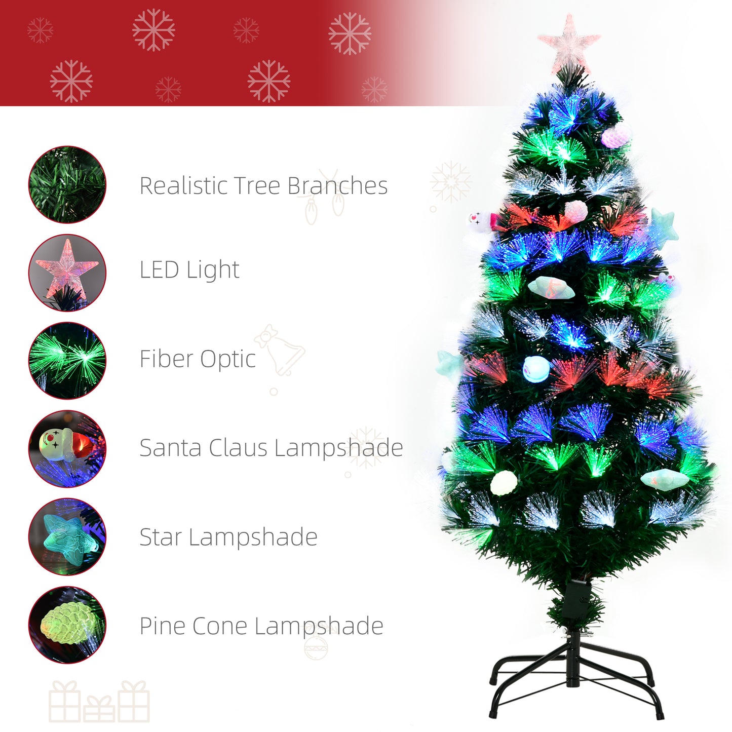 HOMCOM 4FT Pre-Lit Green Christmas Tree with LED Lights and Fibre Optic Ornaments for Holiday Decor - ALL4U RETAILER LTD