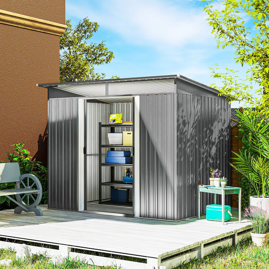 Outsunny 9ft x 6.5ft Garden Storage Shed With Top Window Metal Outdoor Tool House Double Doors Light Grey