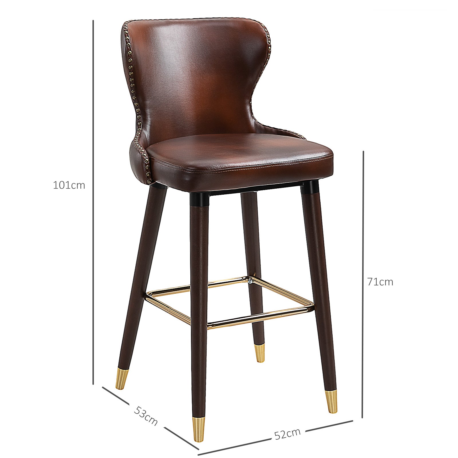 HOMCOM Set of 2 Elegant PU Leather Retro Bar Stools with Backrest - Brown and Gold Accents - ALL4U RETAILER LTD