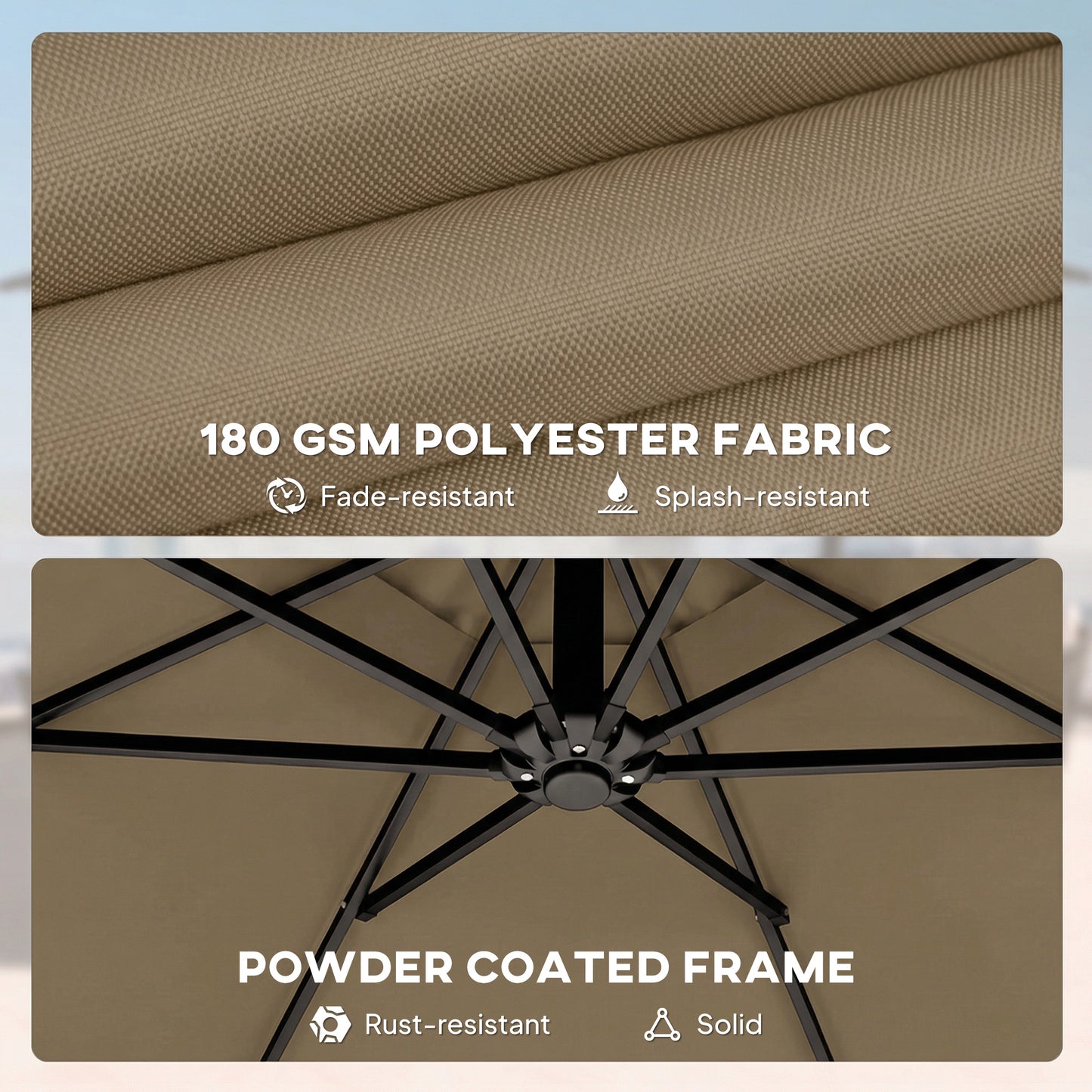 Outsunny 3 m Cantilever Garden Parasol With Cover Base 360 Degree Rotation Tilt Khaki Umbrella