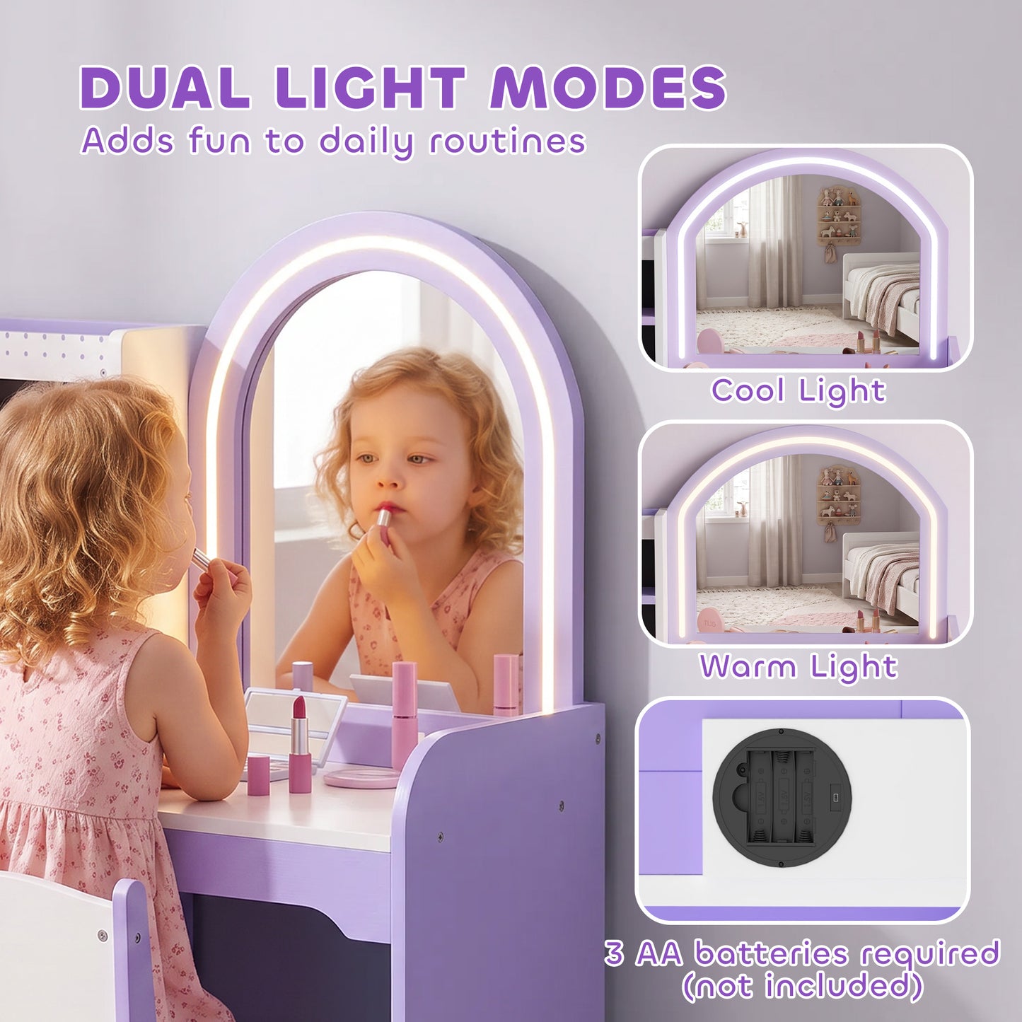 Kids Vanity Set With Light Up Mirror Stool Purple Dressing Table Gift Girls