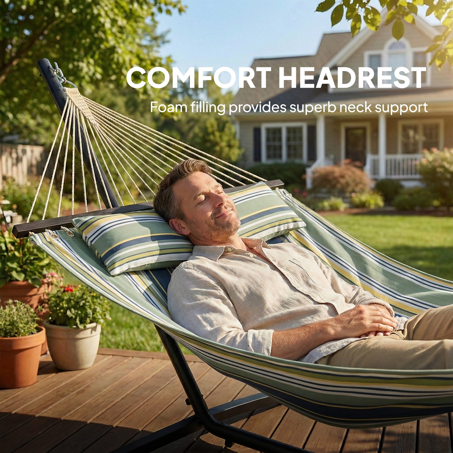 Outsunny Outdoor Hammock With Stand Detachable Pillow Striped Swing Steel Frame Green For Garden And Patio
