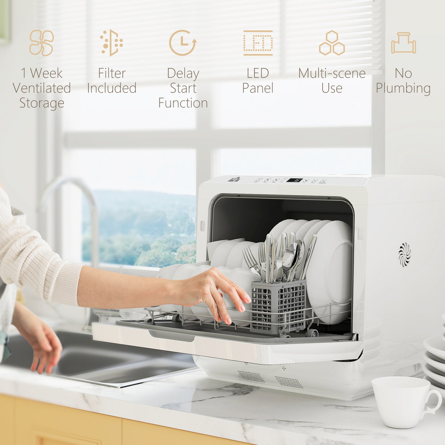 HOMCOM Tabletop Dishwasher Built In 6L Water Tank 6 Programs 4 Place Settings White
