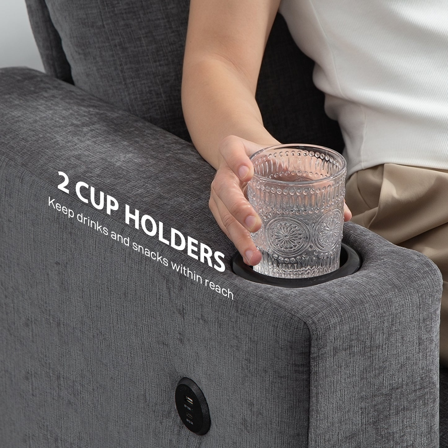 HOMCOM Three Seater Sofa With USB Ports And Cup Holders Grey Chenille Feel Upholstered For Living Room Comfort