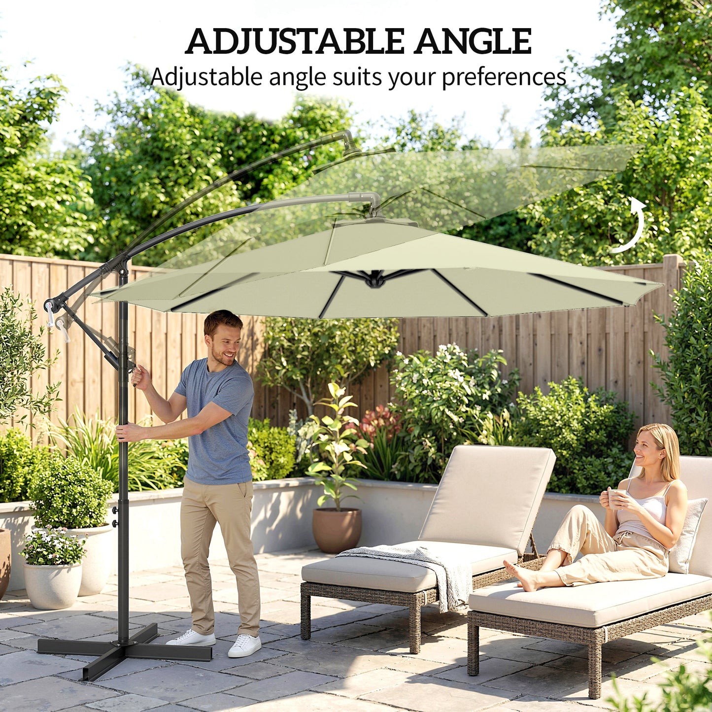 Outsunny 3m Overhanging Cantilever Parasol With Cross Base Beige Outdoor Patio Shade Eight Rib Canopy UV Protected