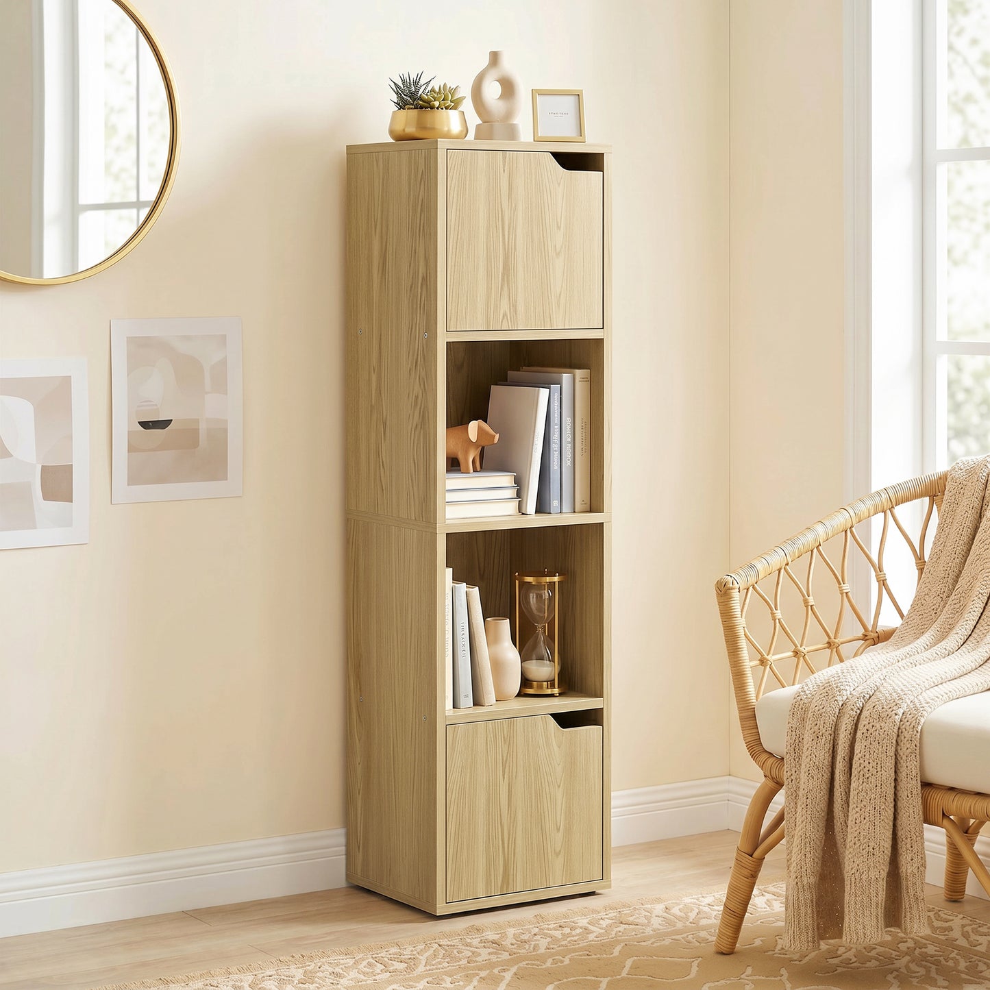 HOMCOM Narrow 4 Tier Bookcase With Doors Oak Finish For Living Room And Bedroom Storage Cabinet